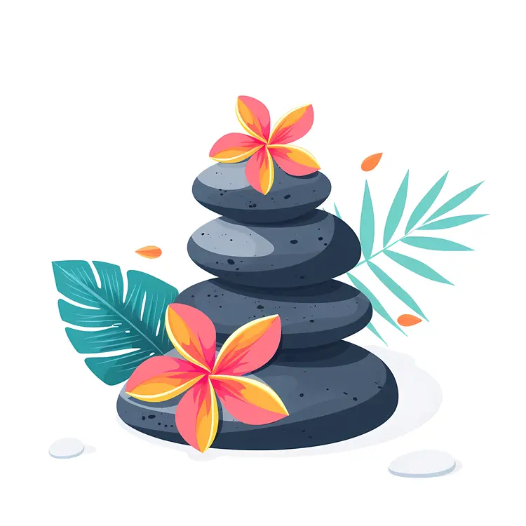 Zen Stacked Stones with Yellow and Pink Flowers
