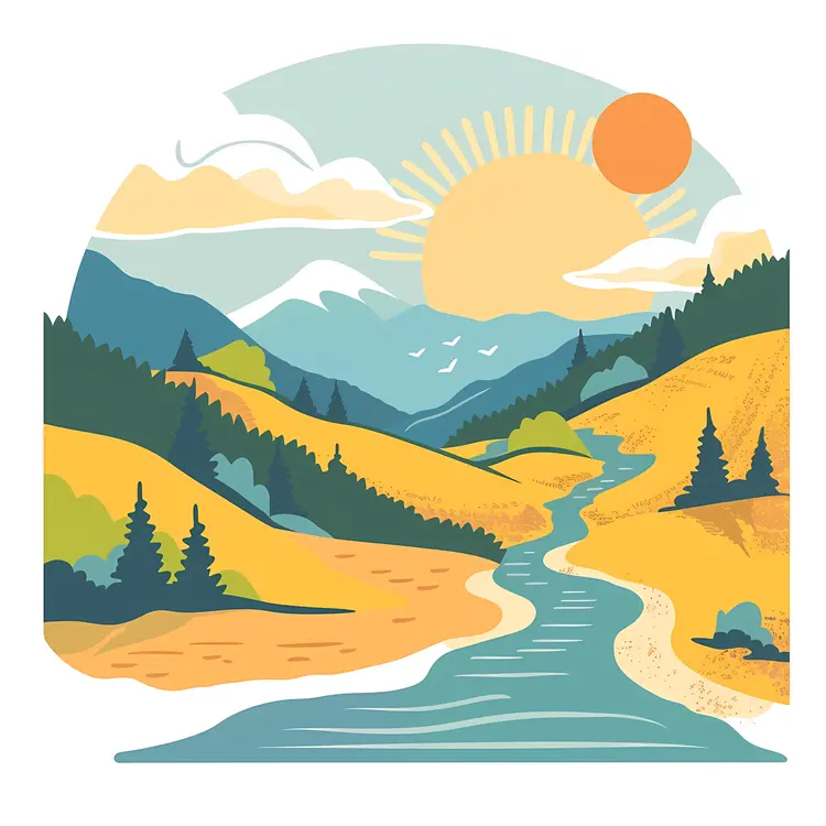 Sunny Mountain Landscape with River