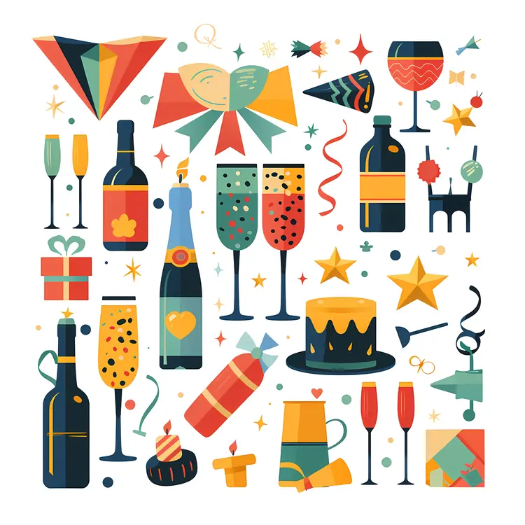 Champagne Bottles and Glasses with Party Decorations