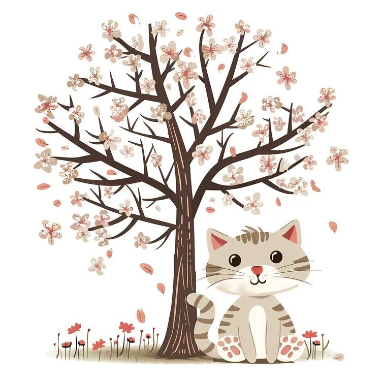 Happy Cat Sitting Under Cherry Blossom Tree