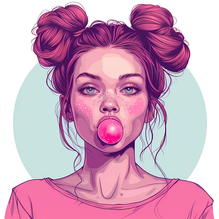 Girl with Double Buns Blowing Bubblegum