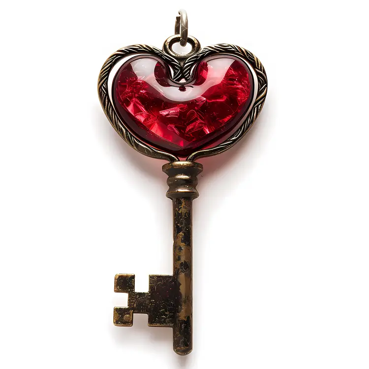 Heart Key with Red Glass and Antique Finish