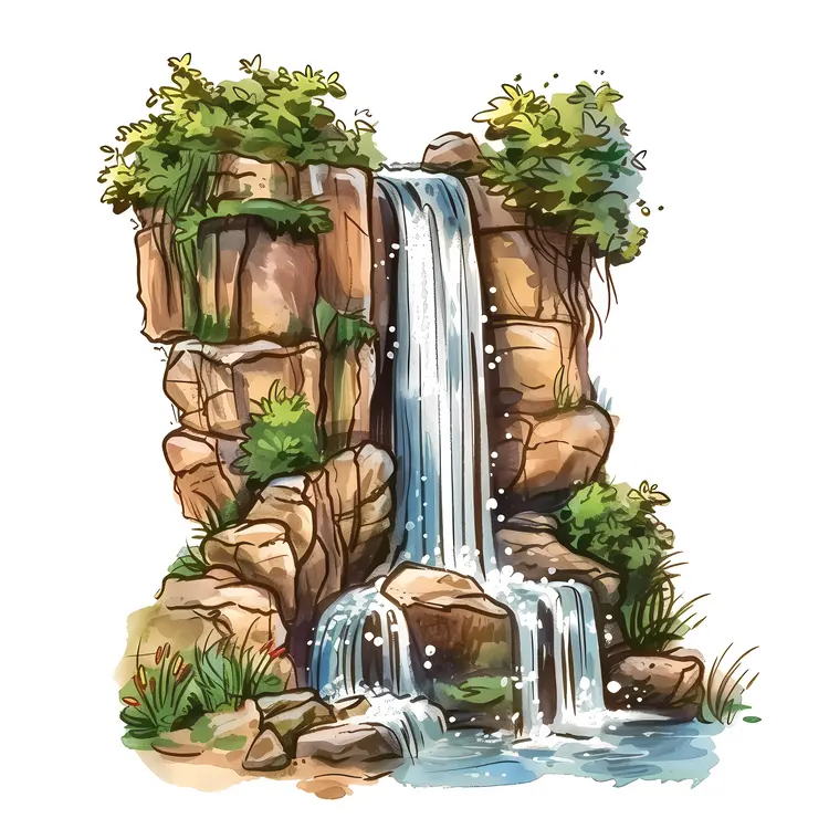 Charming Waterfall with Greenery and Rocks