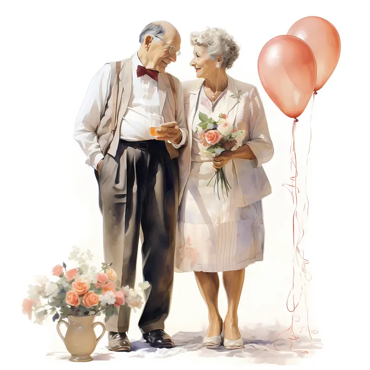 Elderly Couple with Balloons Illustration