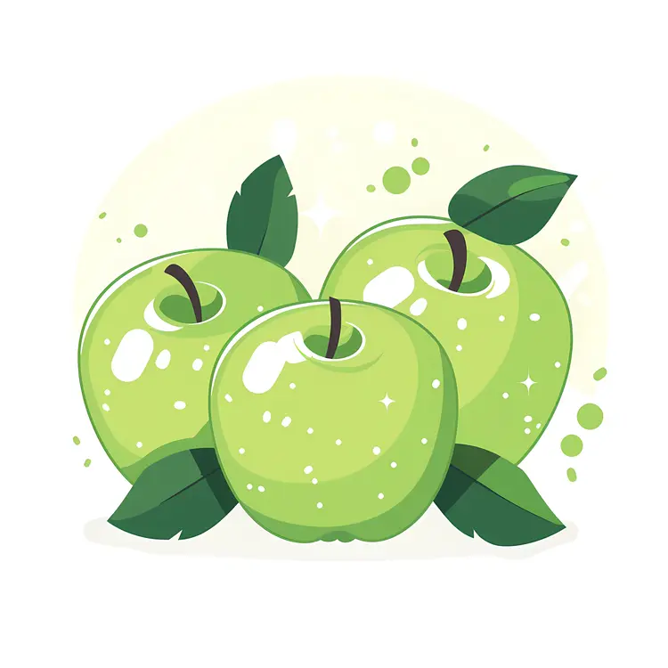 Three Fresh Green Apples with Leaves
