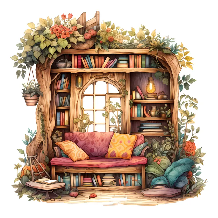 Pink Sofa with Bookshelf and Flowers
