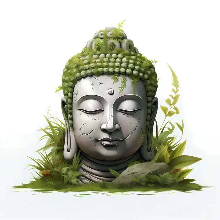 Buddha Head Statue with Greenery