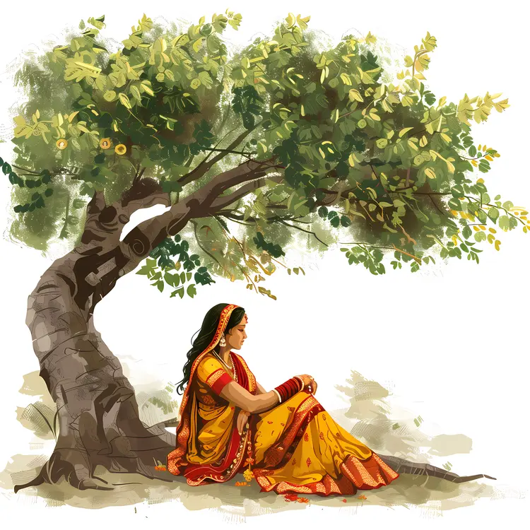 Illustration of Woman Sitting Under Tree