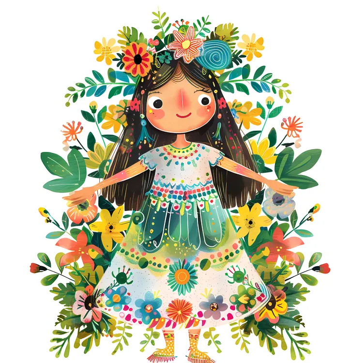 Girl with Flowers Cartoon Illustration