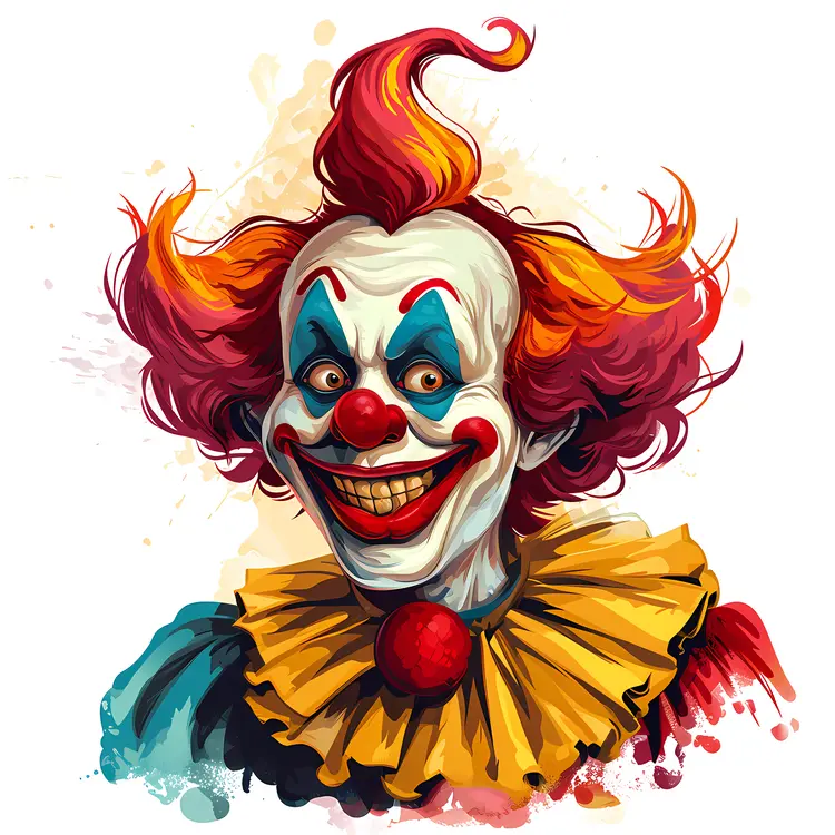 Creepy Clown with Red Hair and Yellow Collar