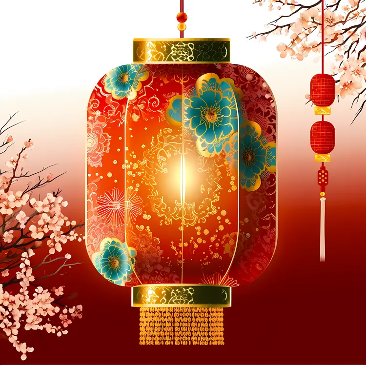 Red Lantern with Blue Floral Design