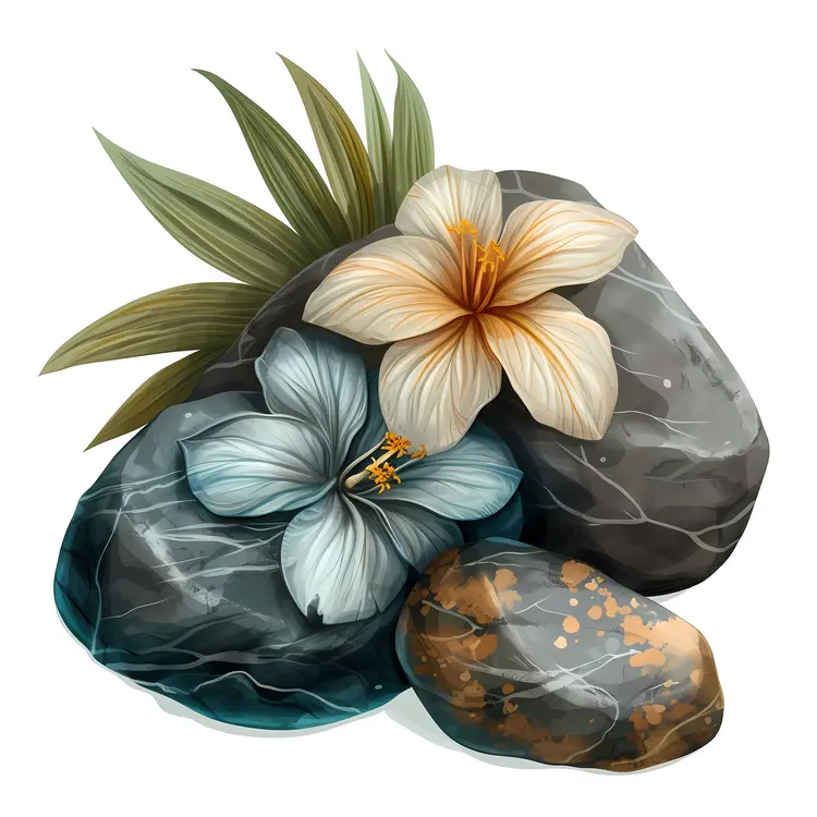 Zen Stacked Stones with Blue and White Flowers