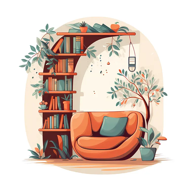 Modern Orange Sofa with Bookshelf and Plants