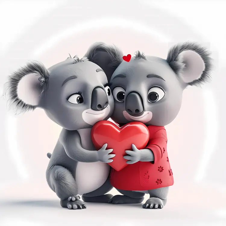 Koalas Holding a Heart in Cartoon Style