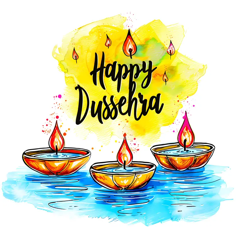 Happy Dussehra with Colorful Diya Lamps