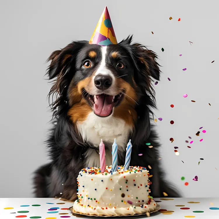 Black and Brown Dog with Birthday Hat and Cake