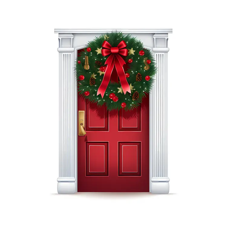 Red Door with Christmas Wreath and Columns