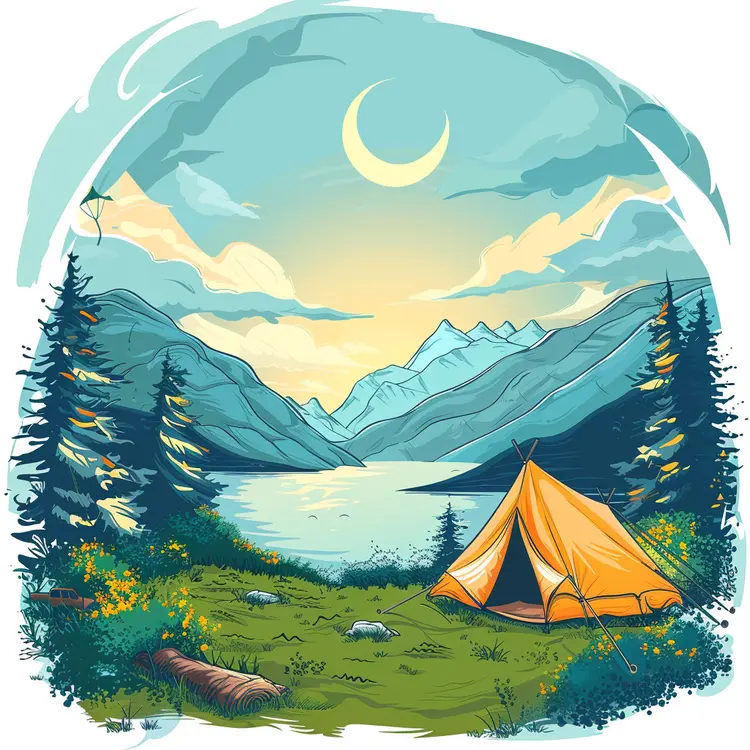 Camping Scene with Tent by the Lake