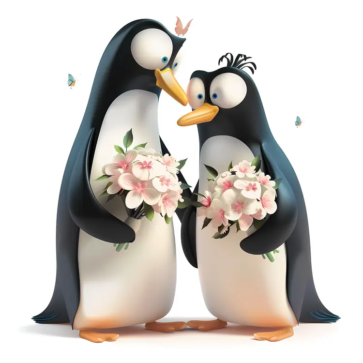 Cartoon Penguin Couple with Flowers