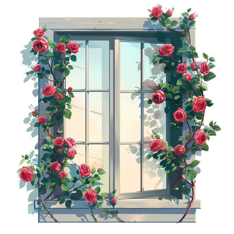 Pink Roses Climbing a Grey Window