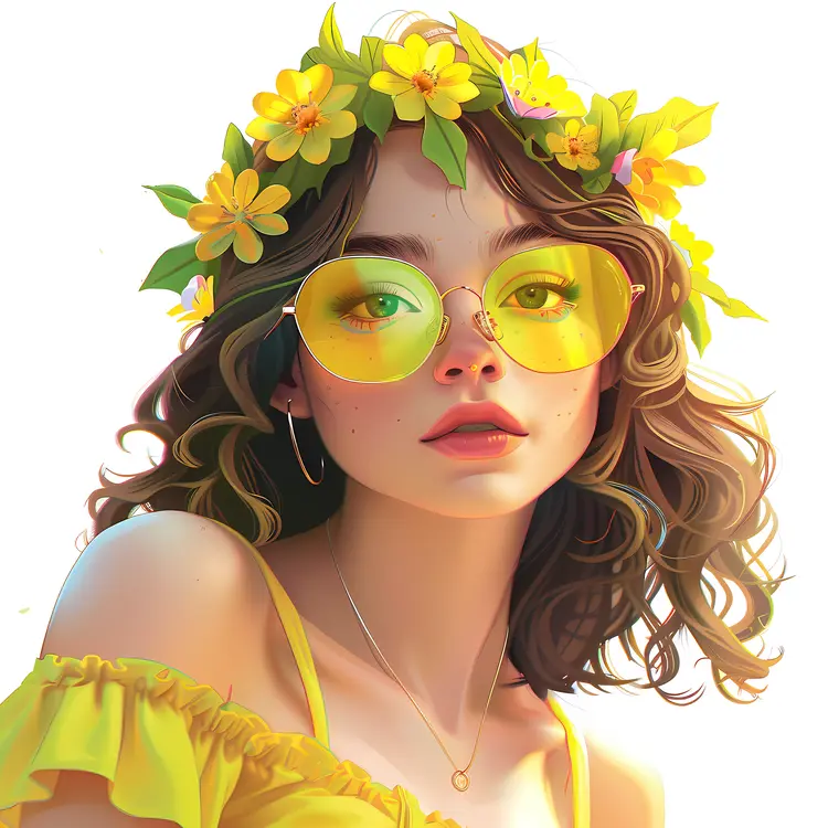 Cheerful Woman with Yellow Flowers and Sunglasses