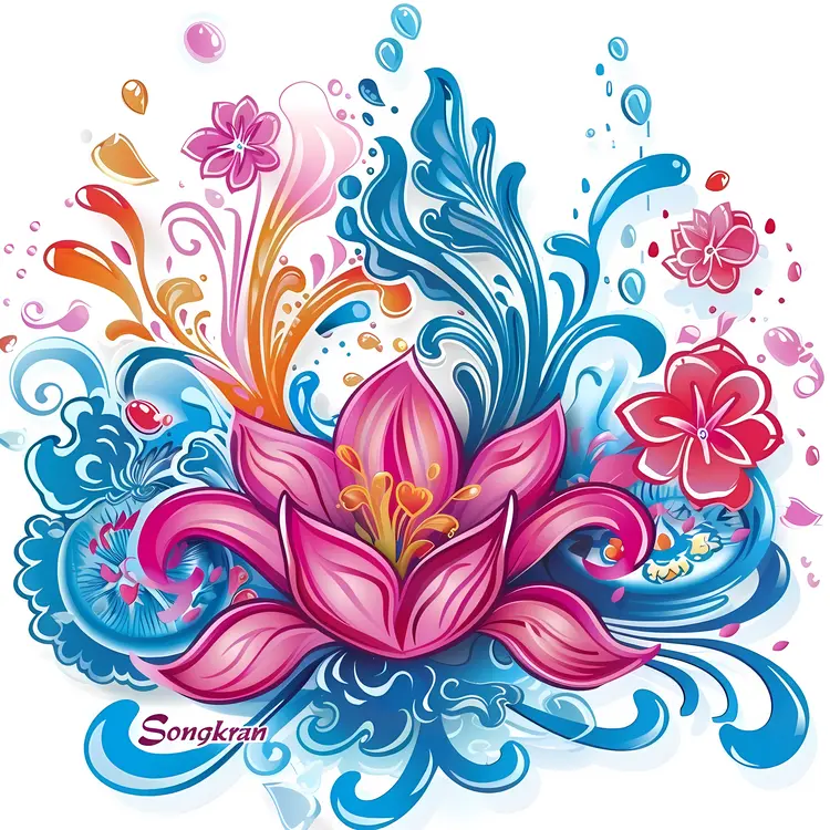 Floral Songkran Festival Illustration with Water Elements