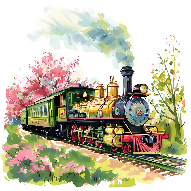 Green Steam Train with Cherry Blossoms
