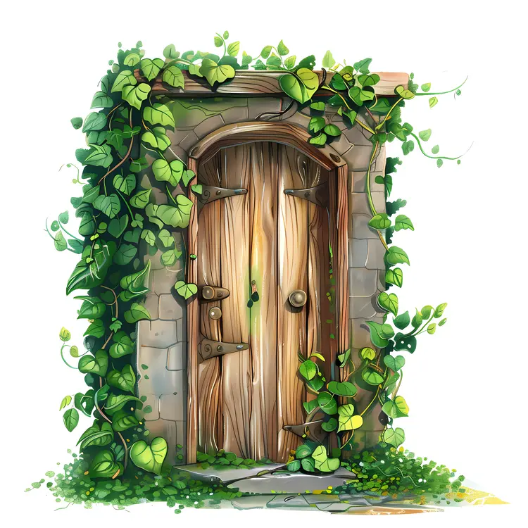 Wooden Door with Vines and Stone Frame