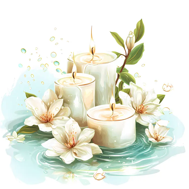 White Candles with Flowers and Water