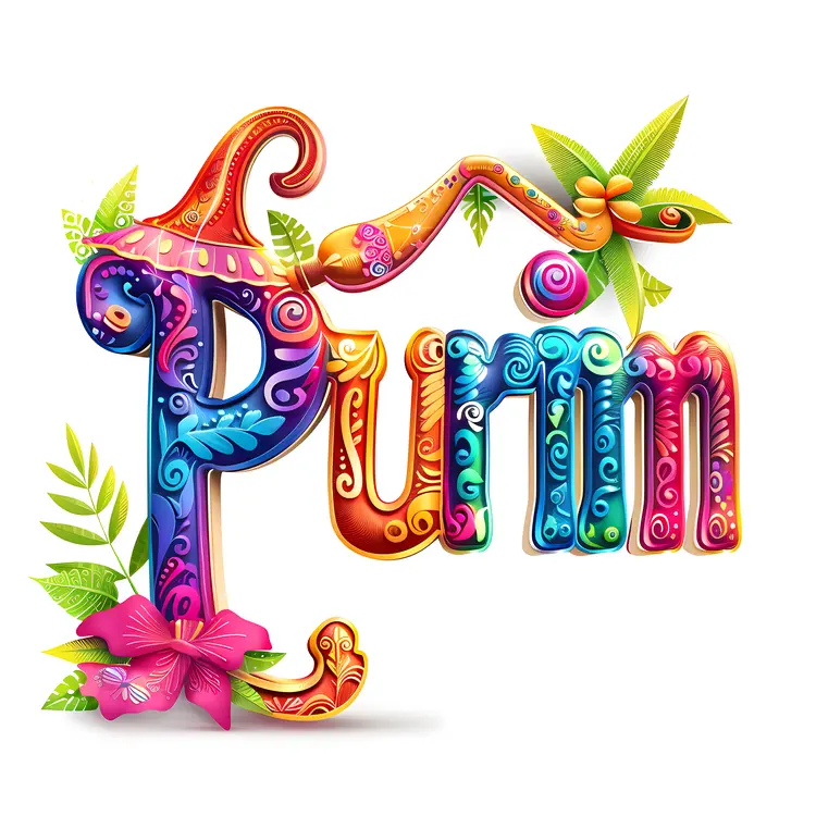 Purim Text with Hat and Flowers