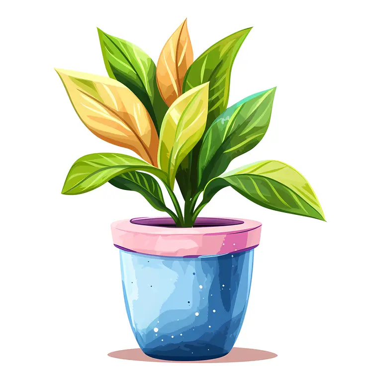 Green and Yellow Leaves in Blue Pot
