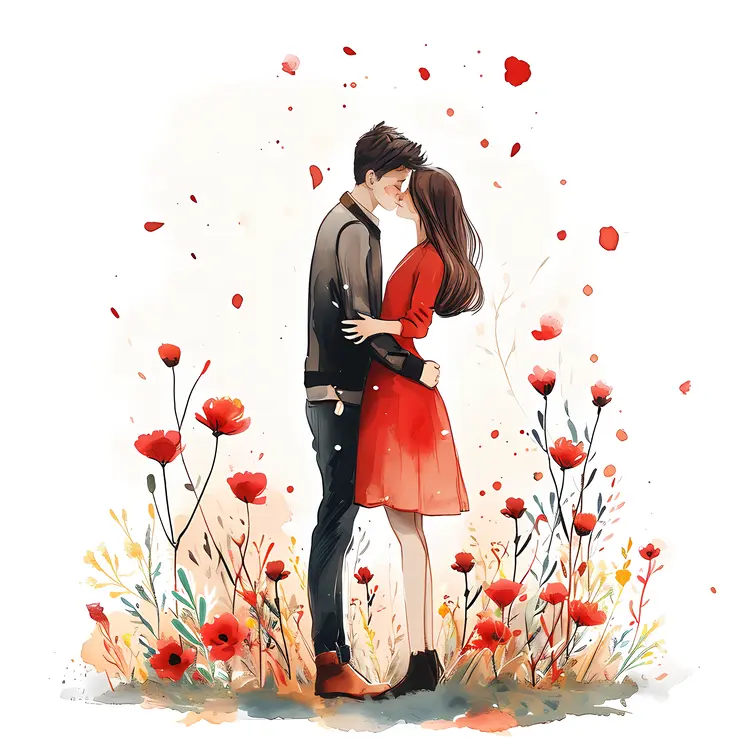 Couple Embracing in a Field of Flowers