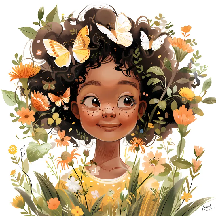 Curly-Haired Girl with Flowers and Butterflies