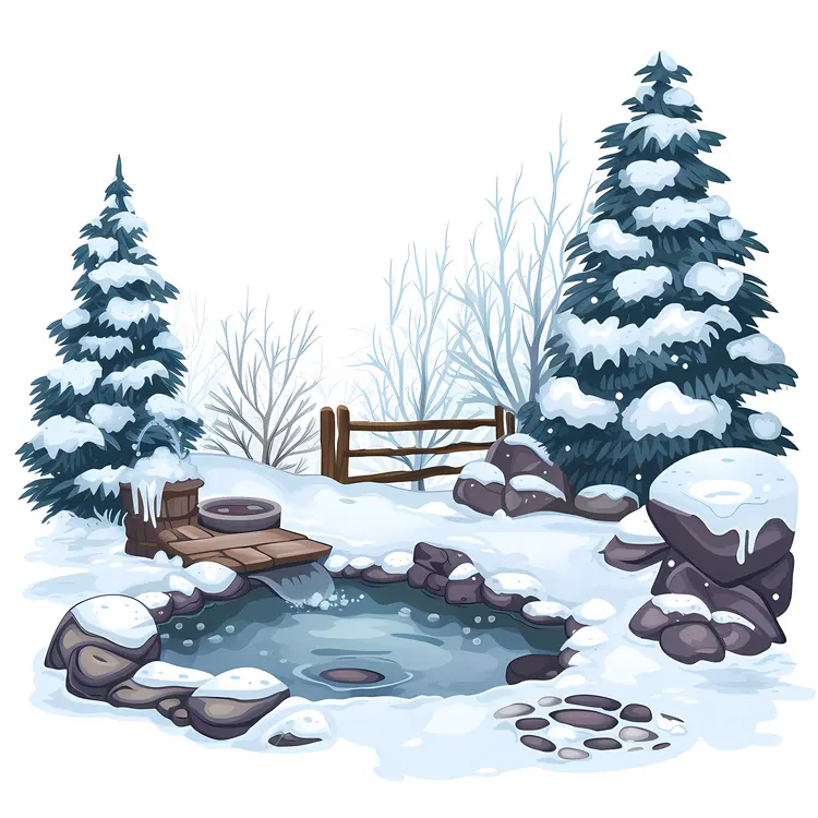 Snowy Hot Spring with Rocks