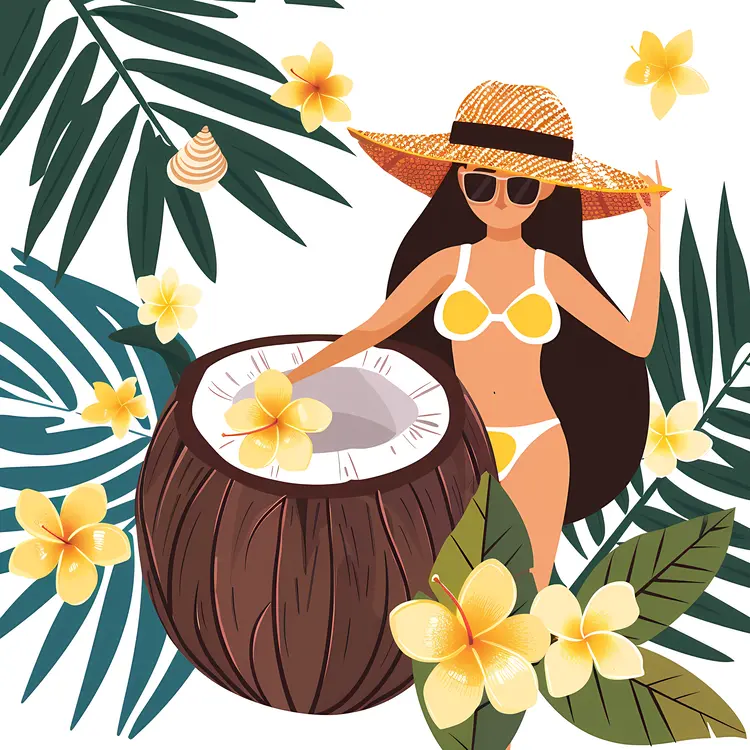 Woman in Bikini with Coconut and Flowers