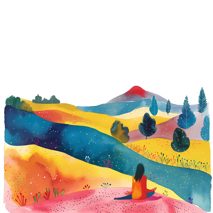 Colorful Mountain Landscape with Meditating Woman