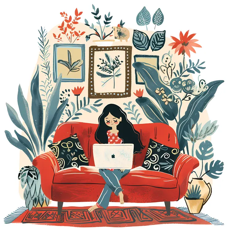 Woman Working on Laptop in Cozy Home Setting