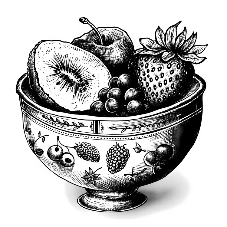 Black and White Fruit Bowl with Kiwi and Apple