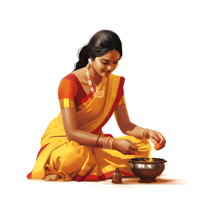 Woman Kneeling and Cooking with Pot