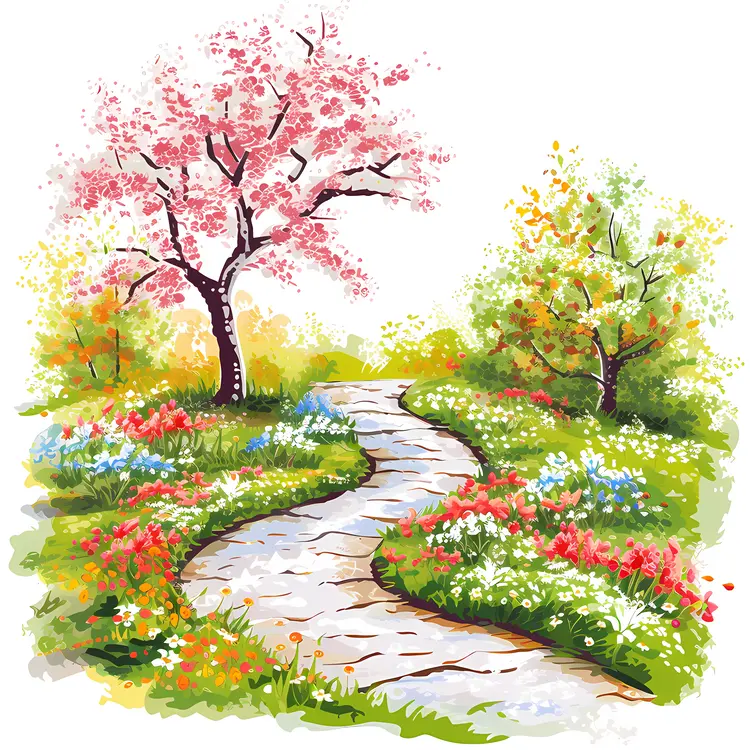 Blossoming Pathway in a Spring Garden