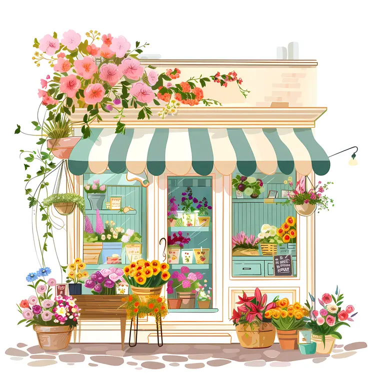 Flower Shop with Green and White Awning