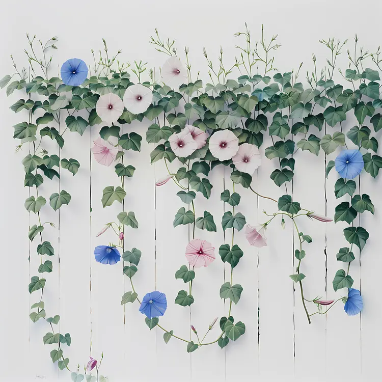 Multicolored Morning Glories on White Fence