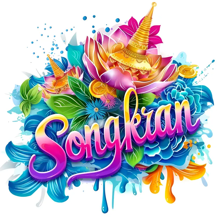 Colorful Songkran Festival Illustration with Flowers and Water