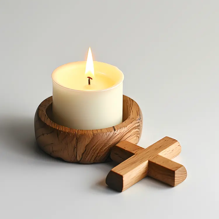 White Candle in Wooden Holder with Cross