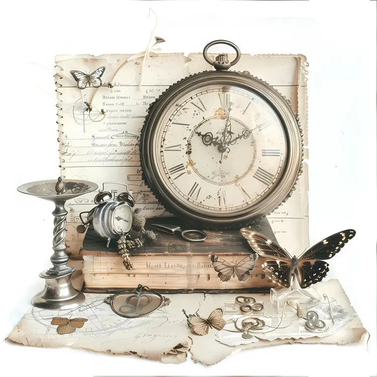 Vintage Clock and Butterflies Still Life