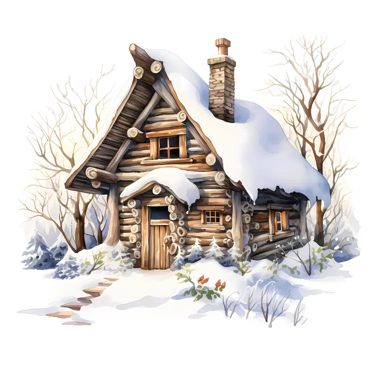Rustic Log Cabin in Snowy Landscape