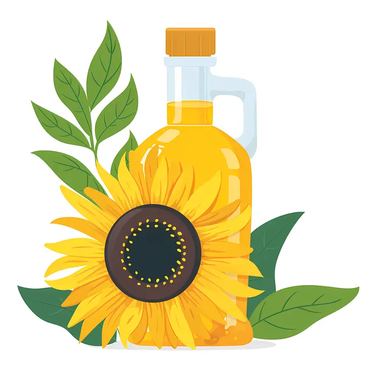 Sunflower Oil Bottle with Leaves and Sunflower