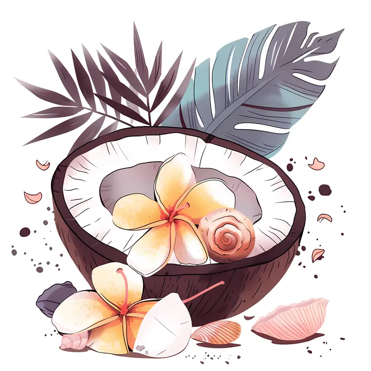 Coconut with Flowers and Shells