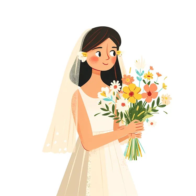 Delightful Cartoon Bride with Colorful Bouquet