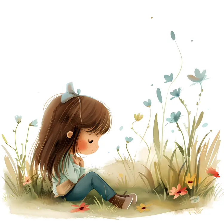 Girl Sitting in Flower Field